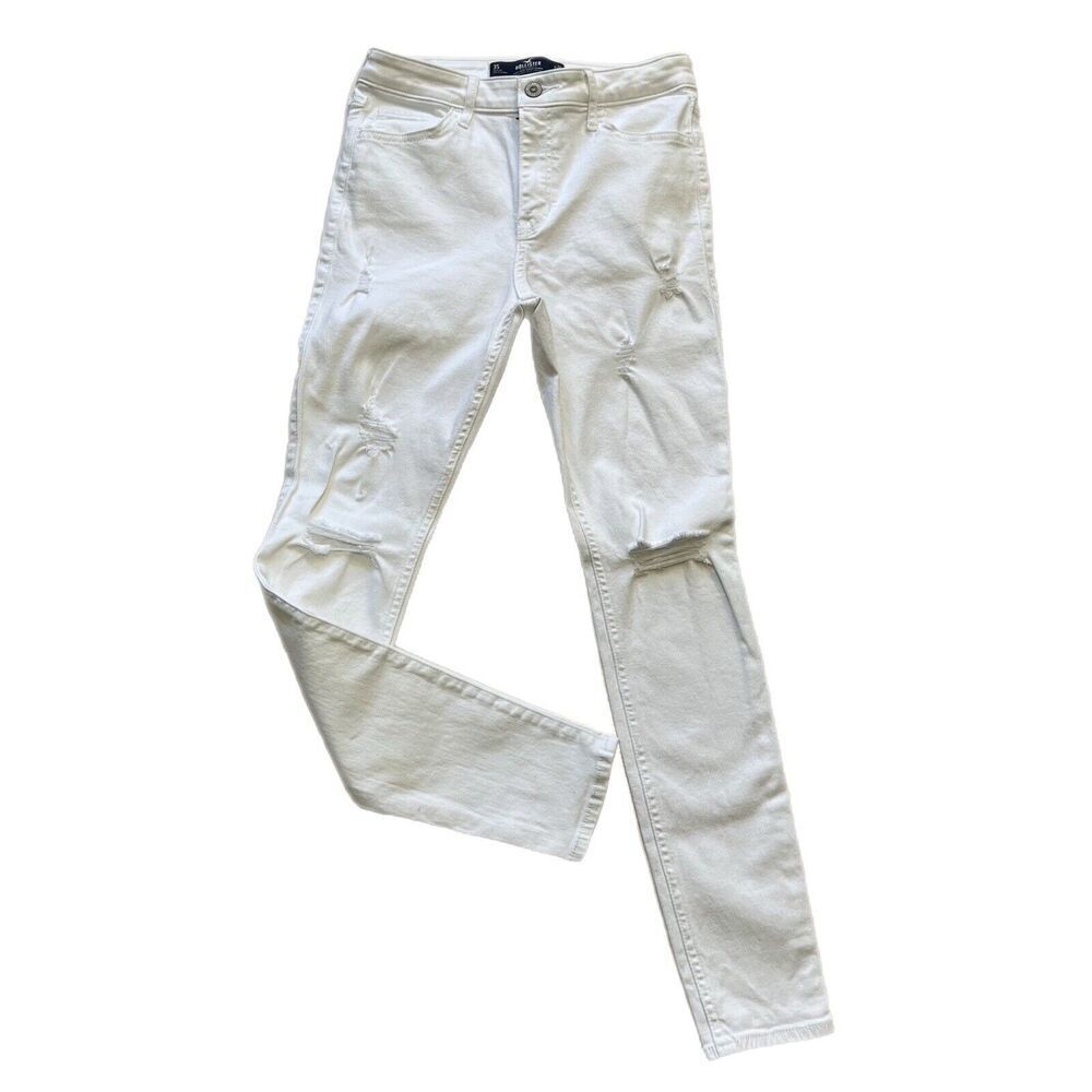 Hollister Jeans Women Size 26 White High Rise Super Skinny Distressed Stretch